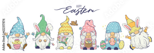 Collection of vector Easter gnomes in different poses with Easter eggs, bunny ears, spring flowers. Clipart For cards, invitations, packaging design, posters, prints