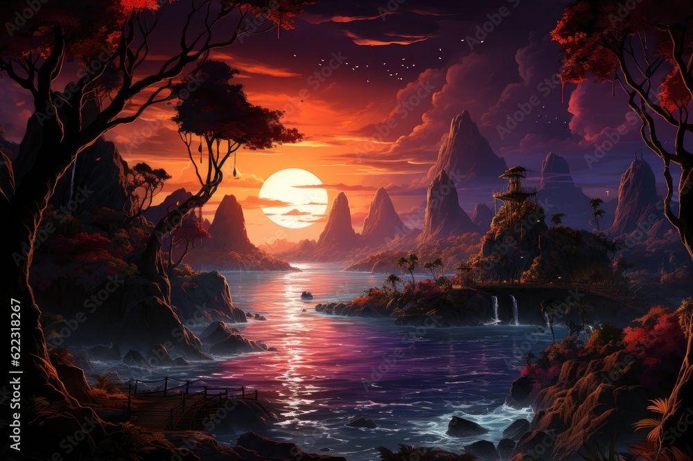 Serenade of Colors: A Cave's Overlook Presents a Breathtaking Vista of a Tranquil Sea, as the Sun Melts into the Horizon, Painting the Sky with Purple and Orange Strokes Generative AI Serenade of Colors: A Cave's Overlook Presents a Breathtaking Vista of a Tranquil Sea, as the Sun Melts into the Horizon, Painting the Sky with Purple and Orange Strokes Generative AI