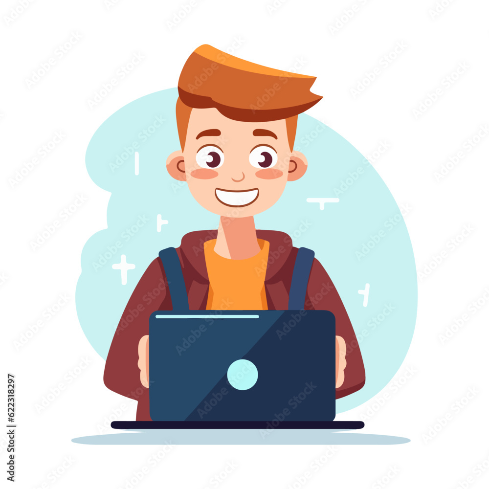 student boy using laptop virtual learning vector illustration