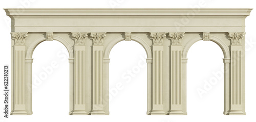 Classic colonnade with arch and corinthian column isolated on white - 3d rendering