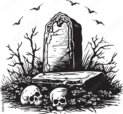 Fototapete Tomb Grave Stone Halloween Horror Skull Bones Skeleton Bat