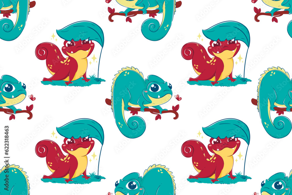 Naklejka premium Seamless pattern with cartoon funny lizards. Vector illustration of chameleons
