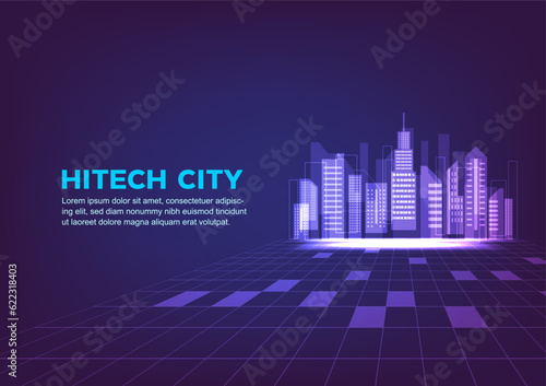 Smart future city complex banner. Innovation tower technology digital media. Artificial intelligence company vector graphic