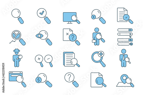 Search set icon. Contains magnifier icon, find, search engine, job search, detective, paid search, and more. Flat line icon style design. Simple vector design editable.