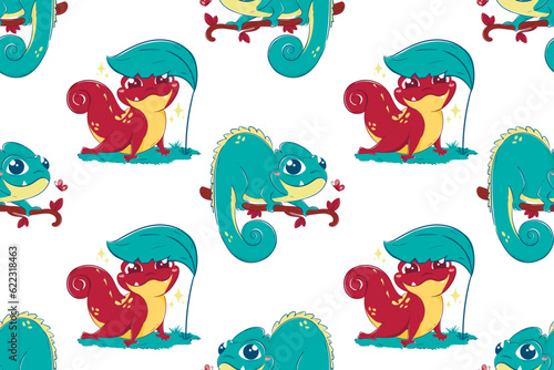 Seamless pattern with cartoon funny lizards. Vector illustration of chameleons