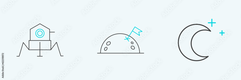 Set line Moon and stars, Mars rover and Planet with flag icon. Vector Set line Moon and stars, Mars rover and Planet with flag icon. Vector
