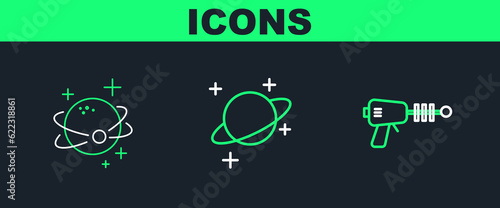 Set line Ray gun, Planet and icon. Vector