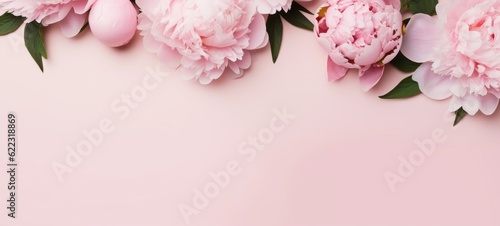 Fototapeta Naklejka Na Ścianę i Meble -  Blooming flowers spring banner - Pink peonies (paeonia), isolated on pastel pink background, top view (Generative Ai)