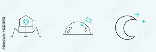 Set line Moon and stars, Mars rover and Planet with flag icon. Vector