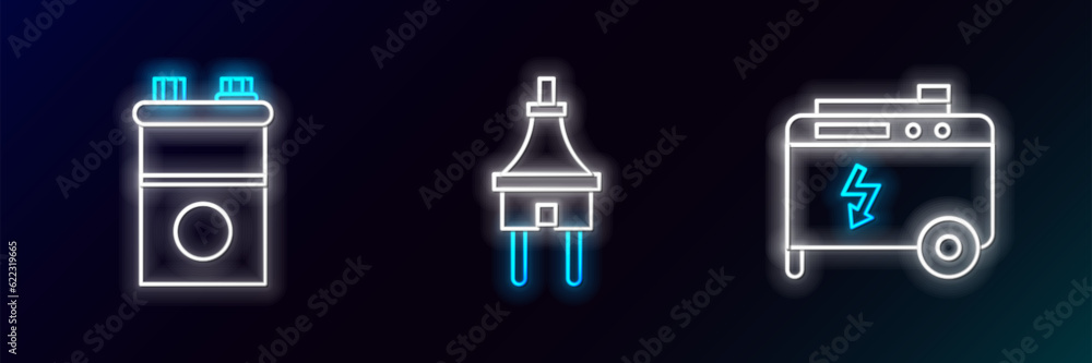 Set line Portable power electric generator, Car battery and Electric plug icon. Glowing neon. Vector Set line Portable power electric generator, Car battery and Electric plug icon. Glowing neon. Vector