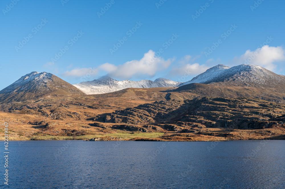 Winter mountain lake landscape.
The MacGillycuddy's Reeks mountain range as seen from Lough Acoose in the Iveragh Peninsula in County Kerry, Ireland. 