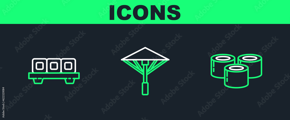 Set line Sushi, on cutting board and Japanese umbrella from the sun icon. Vector Set line Sushi, on cutting board and Japanese umbrella from the sun icon. Vector