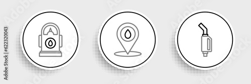 Set line Gasoline pump nozzle, Petrol or station and Refill petrol fuel location icon. Vector