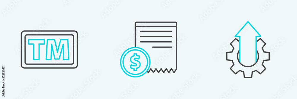 Set line Arrow growth gear business, Trademark and Paper check and financial check icon. Vector Set line Arrow growth gear business, Trademark and Paper check and financial check icon. Vector