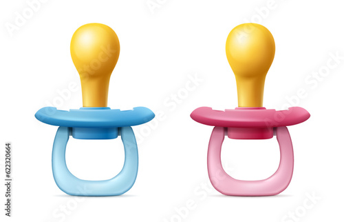 3d realistic vector icon. Baby boy and girl pacifier. Blue and pink.