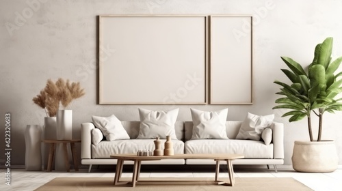 room interior mock up room house beautiful background sofa with blank copy space poster artwork hanging in the backdrop wall home design decoration generative ai