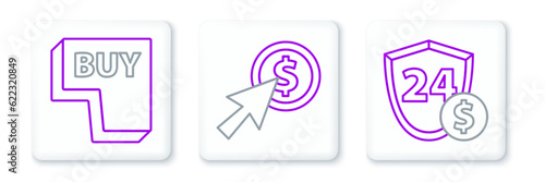 Set line Shield with dollar, Buy button and Cursor and coin icon. Vector