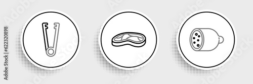 Set line Salami sausage, Meat tongs and Steak meat icon. Vector