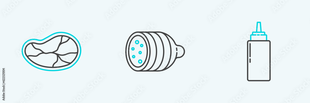 Set line Sauce bottle, Steak meat and Salami sausage icon. Vector Set line Sauce bottle, Steak meat and Salami sausage icon. Vector