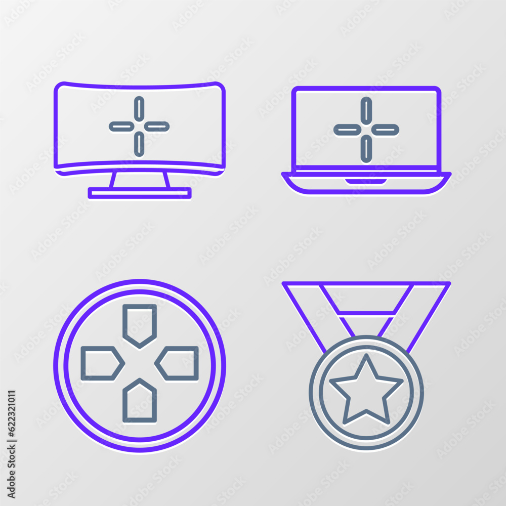 Obraz premium Set line Medal, Gamepad, Laptop and Computer monitor icon. Vector