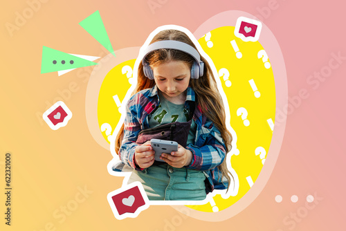 Creative digital collage stylish girl in headphones smartphone using social media listening to music gradient background. Like button Contemporary funky trendy graphic montage illustration urban style