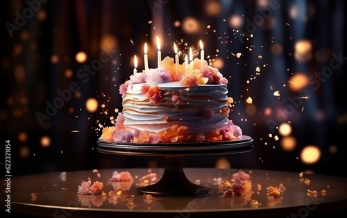 A magical fairy-themed birthday cake placed on a stand, decorated with enchanting details, Generative Ai
