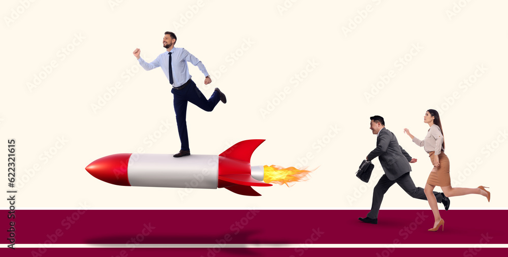 Competition in business. Man pulling ahead by using rocket while others running. Illustration of spaceship Competition in business. Man pulling ahead by using rocket while others running. Illustration of spaceship