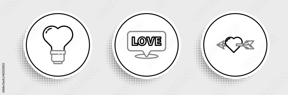 Set line Amour with heart and arrow, Heart shape in light bulb and Speech bubble text love icon. Vector Set line Amour with heart and arrow, Heart shape in light bulb and Speech bubble text love icon. Vector