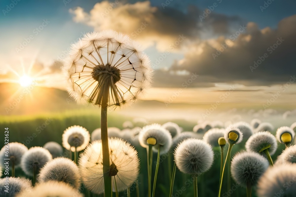 Fluffy dandelion  in the field generated Ai technology