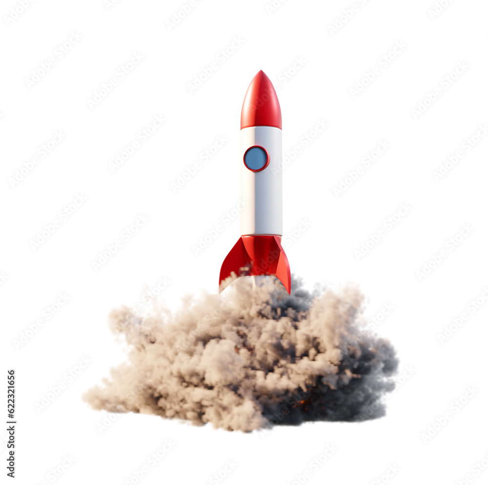 Rocket launching. Spaceship with smoke isolated on white