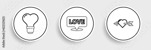 Set line Amour with heart and arrow, Heart shape in light bulb and Speech bubble text love icon. Vector