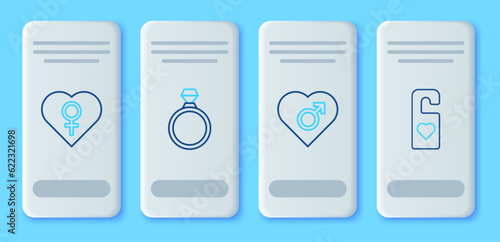 Set line Diamond engagement ring, Heart with male gender, female and Please do not disturb heart icon. Vector