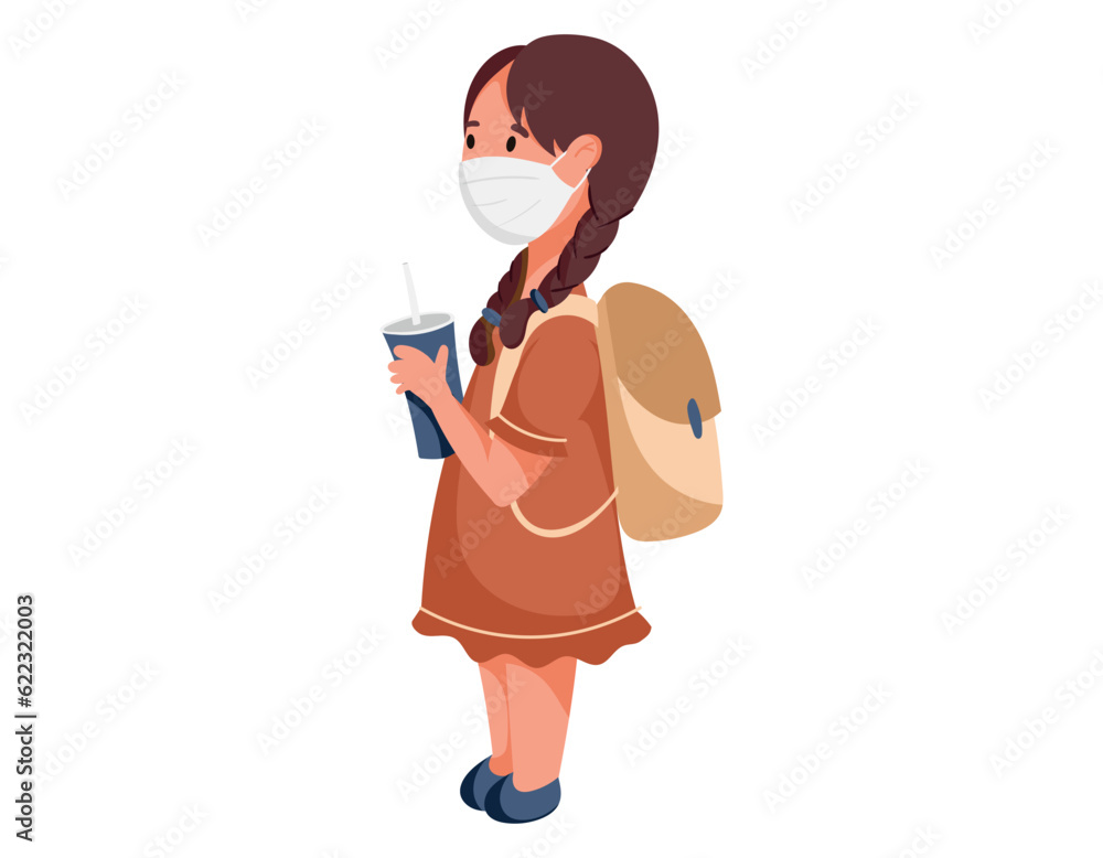 Standing Schoolgirl in a protective mask, with a backpack and a paper glass of soda. Vector isolated flat girl student. Standing Schoolgirl in a protective mask, with a backpack and a paper glass of soda. Vector isolated flat girl student.