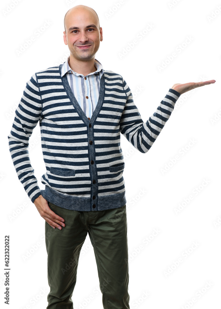 bald man showing something on his palm. Isolated on white background bald man showing something on his palm. Isolated on white background