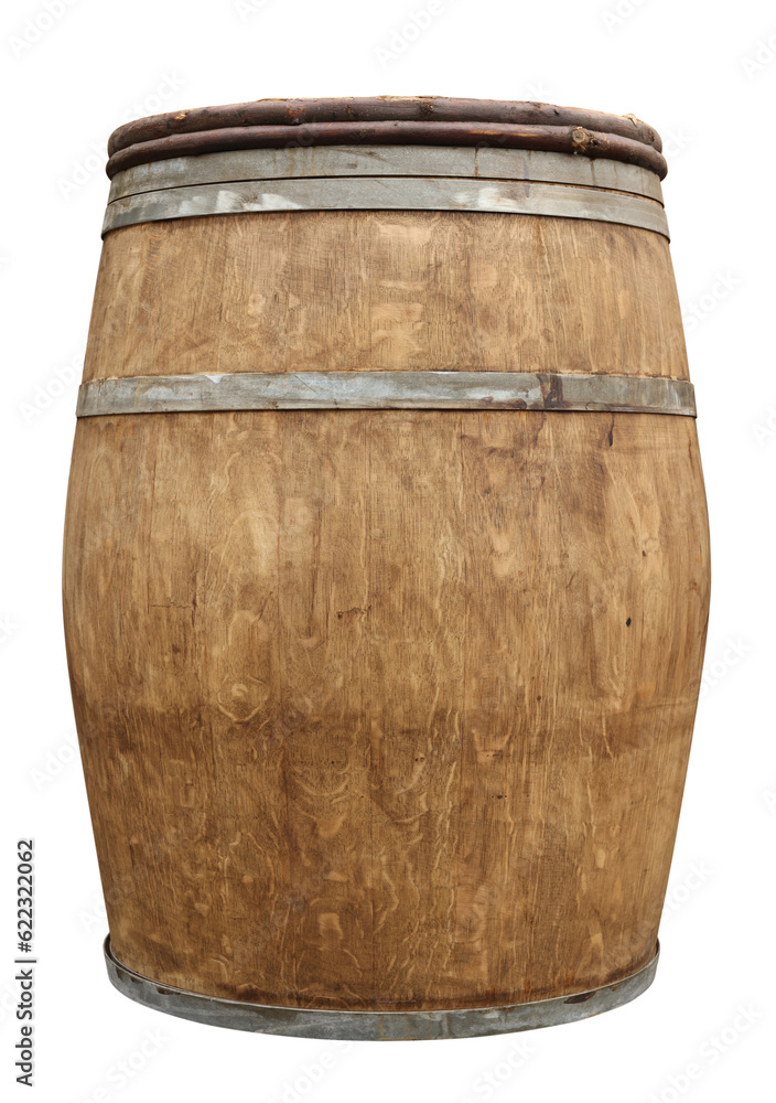 Obraz premium One wooden barrel with metal hoops isolated on white