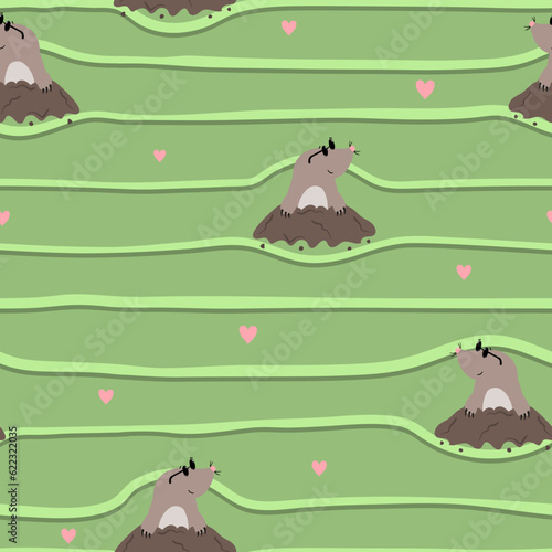 Cute moles seamless pattern. Vector cartoon background
