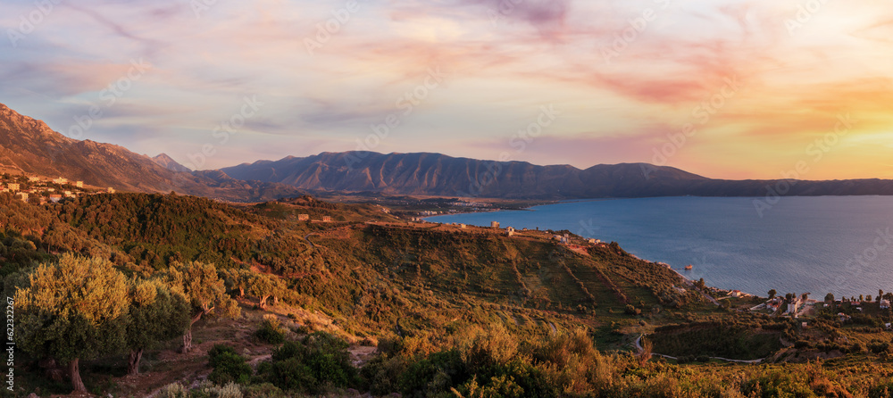 Adriatic sea evening coastline top view (Radhima, near Orikum, Albania).