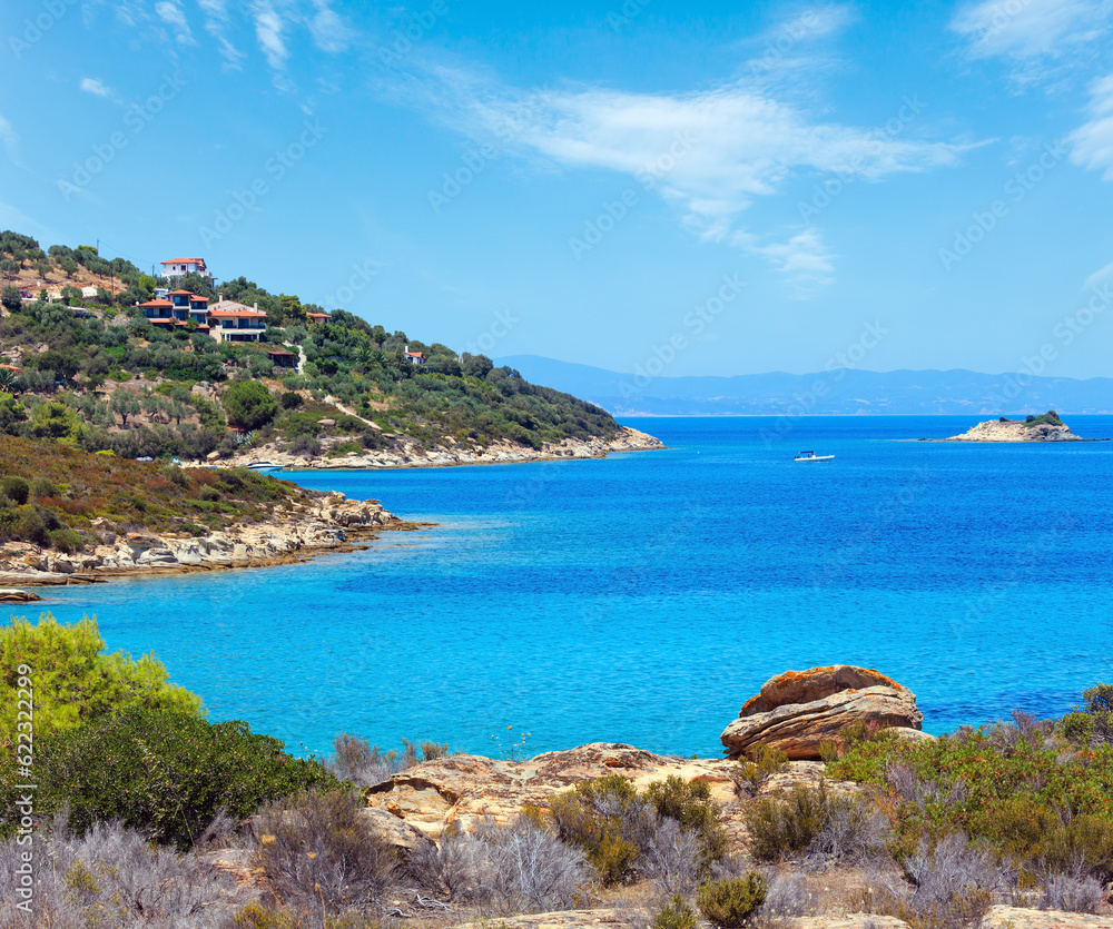 Beautiful summer Aegean Sea coast landscape (near Lagonisi , Sithonia, Halkidiki, Greece).