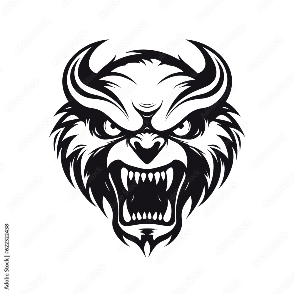 Angry furry monster head isolated on white background. Vector illustration in retro style.
