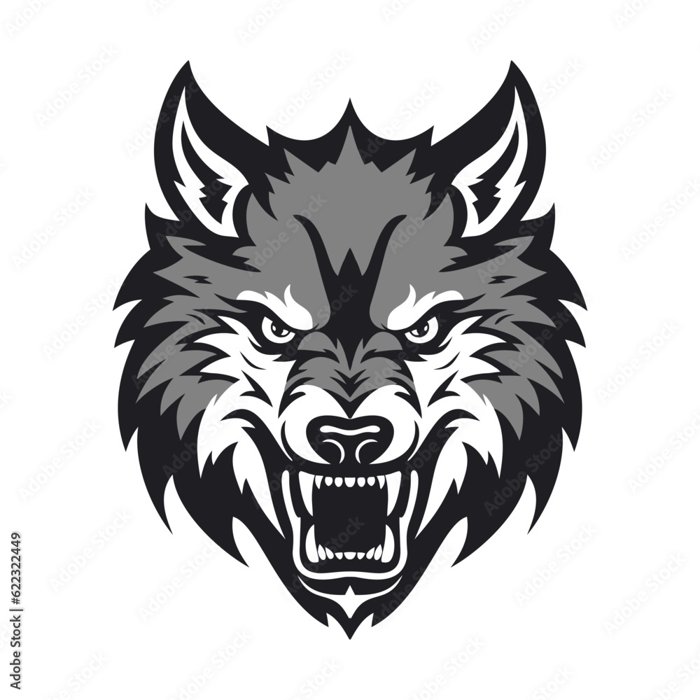 Snarling wolf head vector isolated on white background. Flat color illustration.