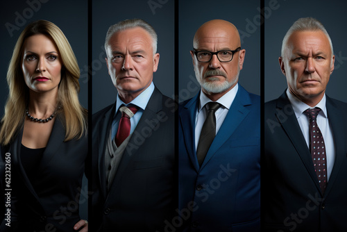 Businessmen portrait set. Confident and successful colleagues man and woman in suits, business team