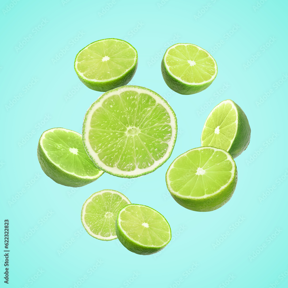 Fresh lime fruits falling on light blue background