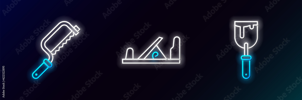 Set line Putty knife, Hacksaw and Wood plane tool icon. Glowing neon. Vector Set line Putty knife, Hacksaw and Wood plane tool icon. Glowing neon. Vector