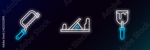 Set line Putty knife, Hacksaw and Wood plane tool icon. Glowing neon. Vector