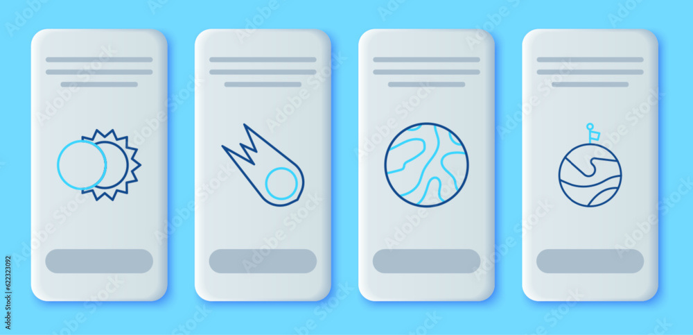 Set line Comet falling down fast, Falling stars, Eclipse of the sun and Moon with flag icon. Vector Set line Comet falling down fast, Falling stars, Eclipse of the sun and Moon with flag icon. Vector
