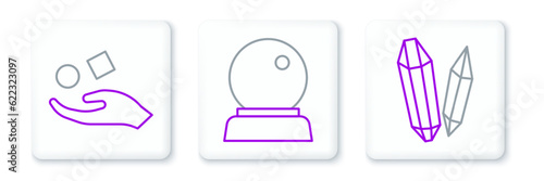 Set line Magic stone, Cube levitating above hand and ball icon. Vector