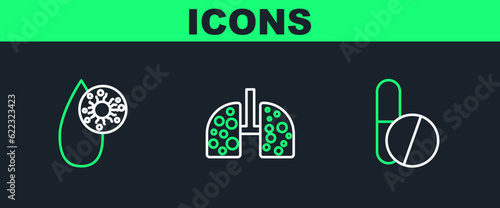 Set line Medicine pill or tablet, Blood test and virus and Virus cells lung icon. Vector