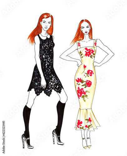 Fashion Sketch of Two Beautiful Redhead Girls. Hand Drawn Modern Stylish Woman Concept in Red and Black Colors.