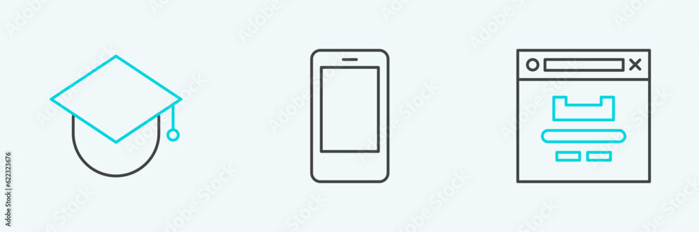 Set line Browser window, Graduation cap on globe and Mobile phone icon. Vector Set line Browser window, Graduation cap on globe and Mobile phone icon. Vector