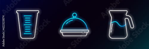 Set line Jug glass with water, Measuring cup and Covered tray of food icon. Glowing neon. Vector